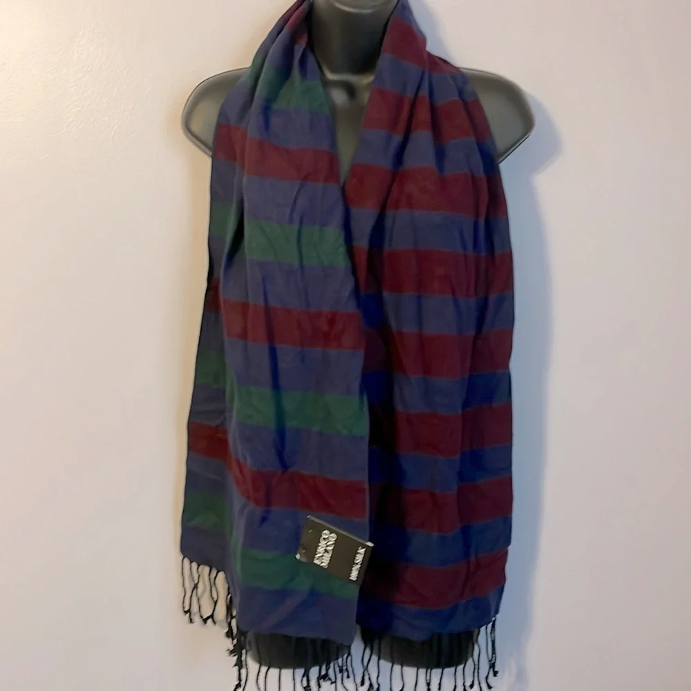 Enrico Milano Reversible Striped Silk Scarf Fringe OS Navy Maroon Green